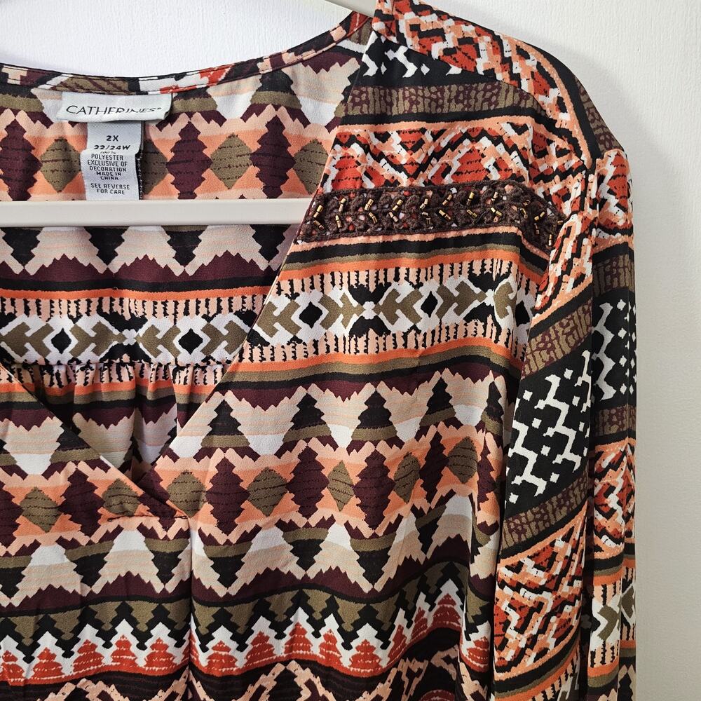 Boho Aztec Print V Neck Earth Tone Neutral Pullover Top Orange Western 22/24W 2X